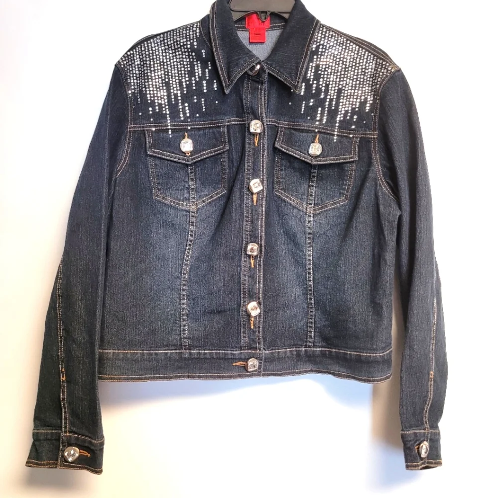 V Cristina Dark Wash DenimJean Silver Stud Jacket Large - Picture 1 of 11